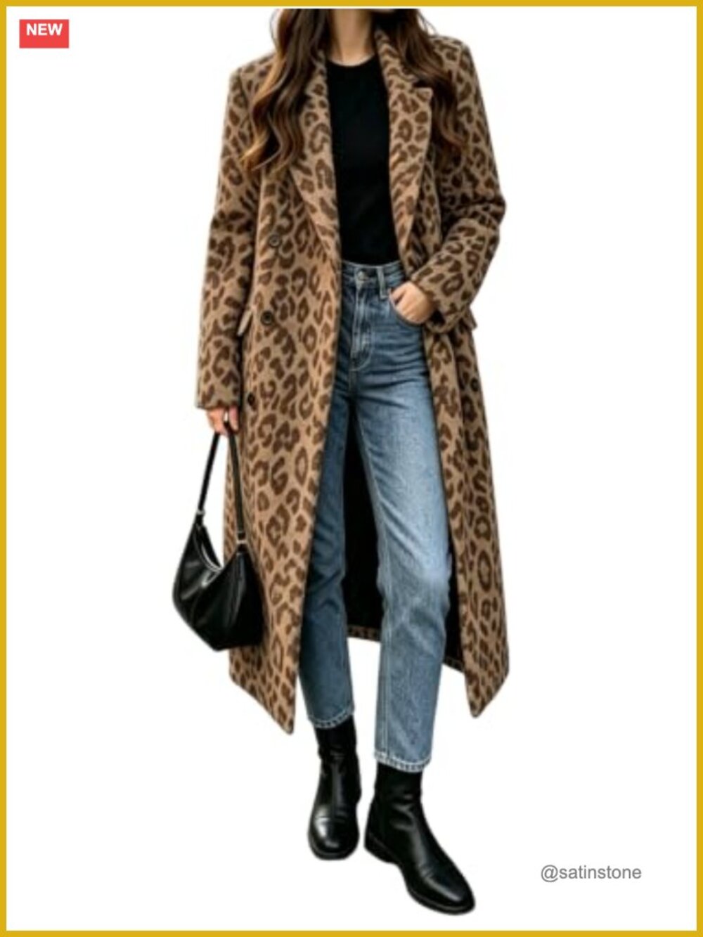 Women's Leopard Wool Pea Coat Double Breasted Long Winter Coat
